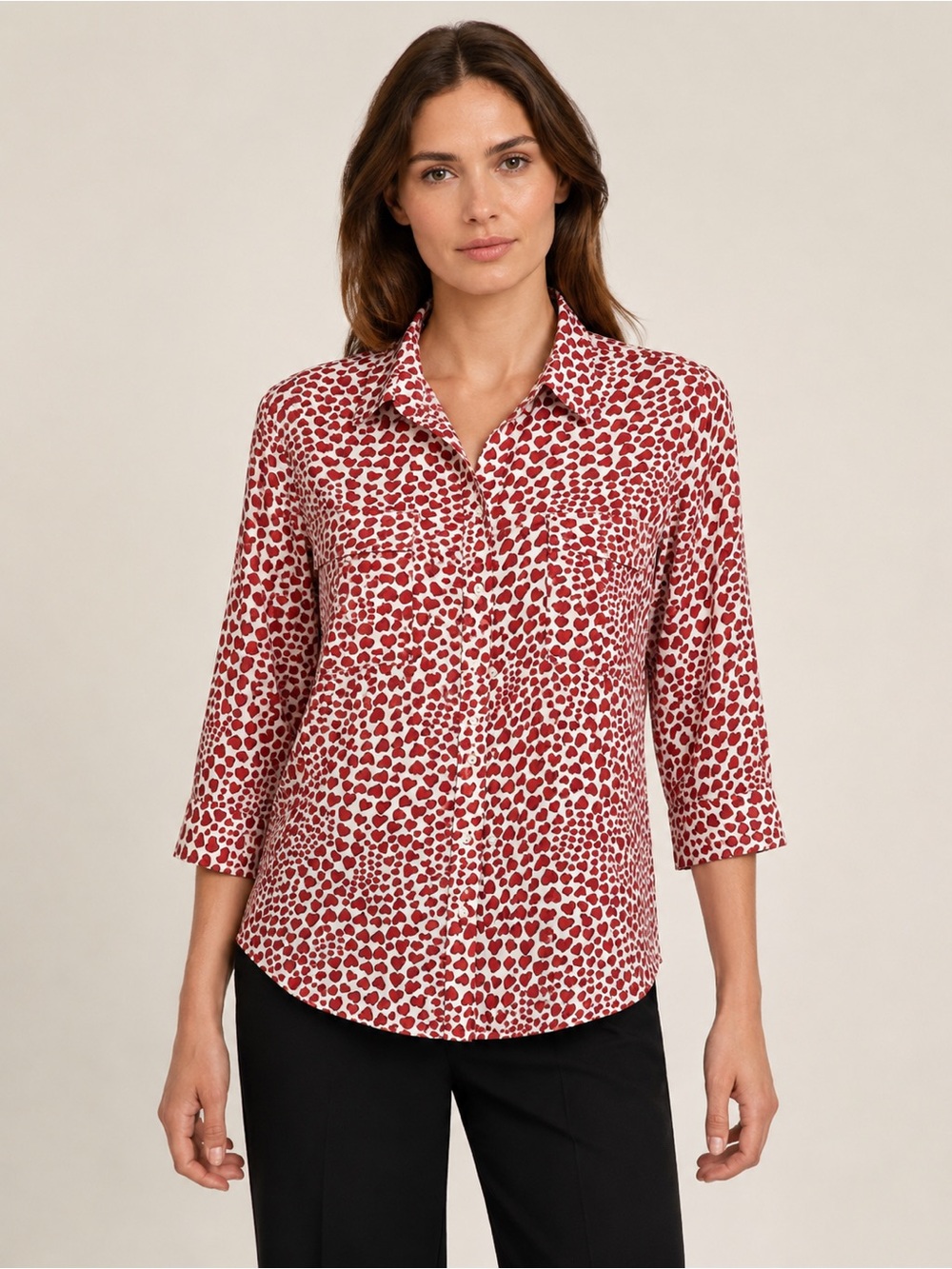 L’AGENCE Ryan Heart Print Blouse Medium Red Ivory 3/4 Sleeve Button Front